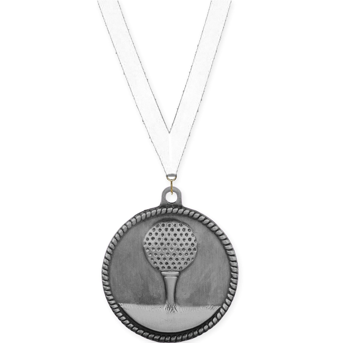2 inch golf High Relief medal in antique silver with White neck ribbon