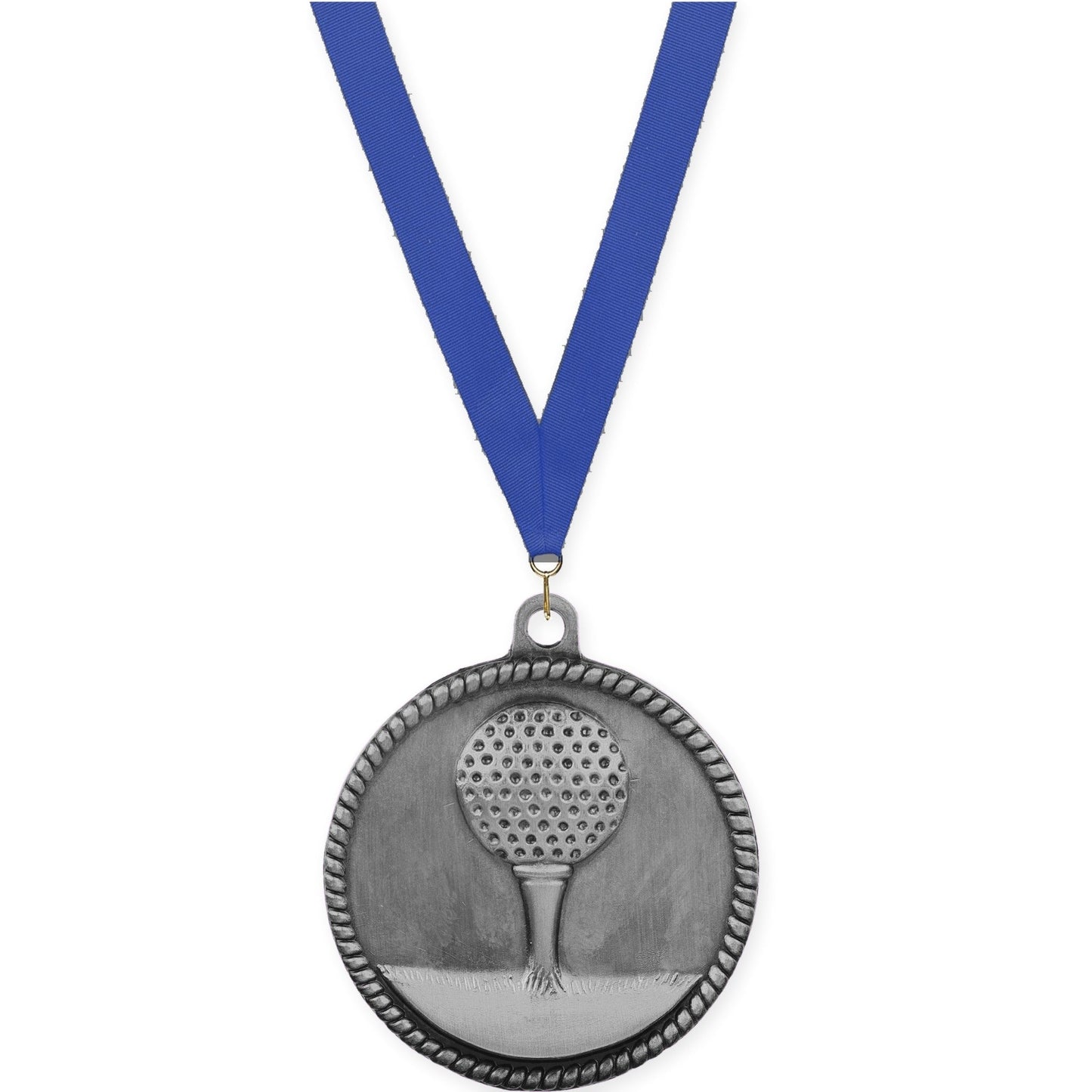 2 inch golf High Relief medal in antique silver with Blue neck ribbon