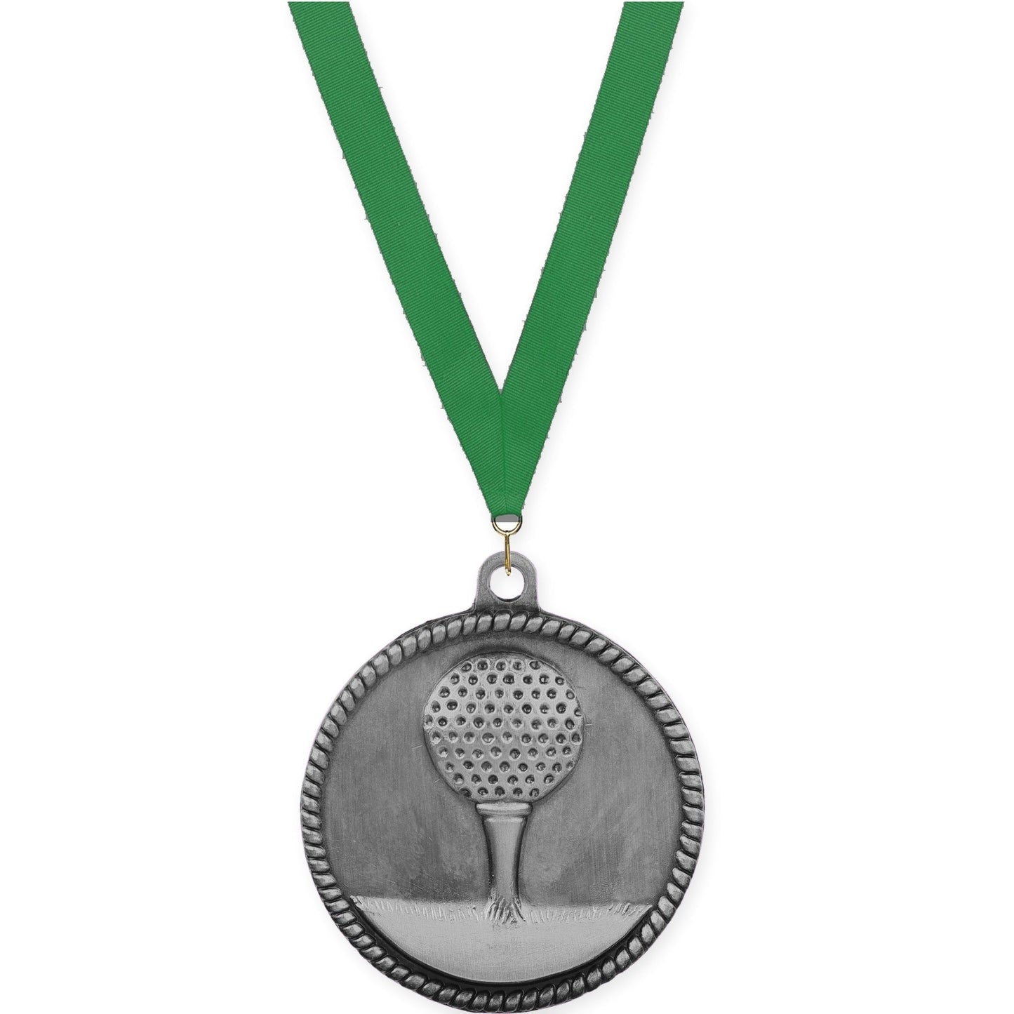 2 inch golf High Relief medal in antique silver with Green neck ribbon