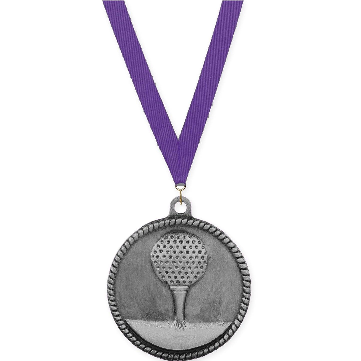 2 inch golf High Relief medal in antique silver with Purple neck ribbon