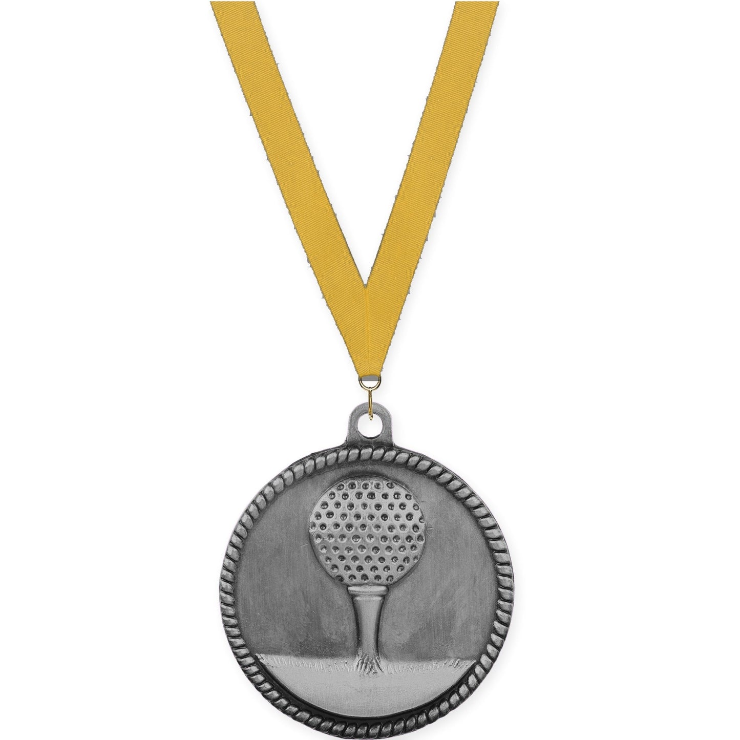 2 inch golf High Relief medal in antique silver with Gold neck ribbon