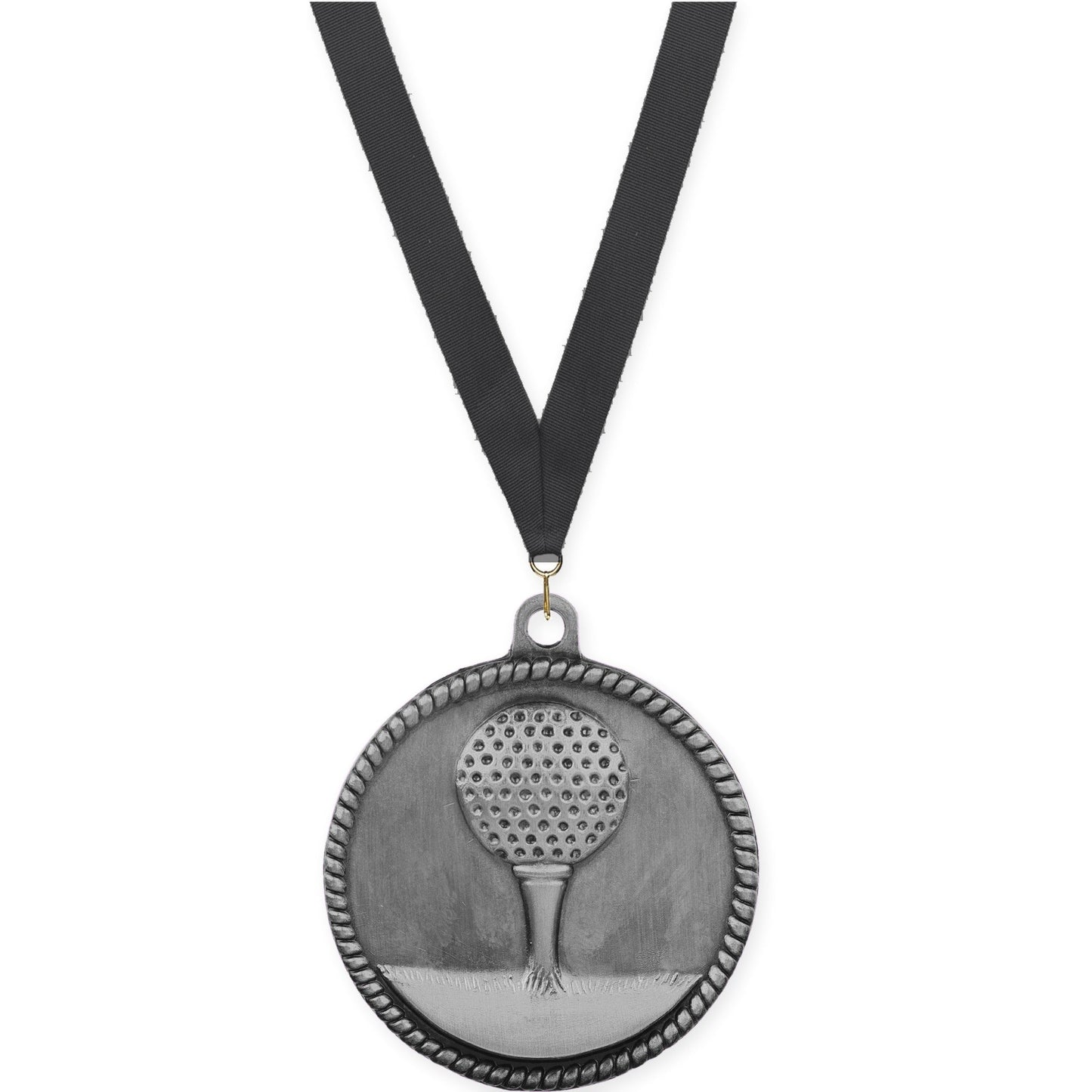 2 inch golf High Relief medal in antique silver with Black neck ribbon