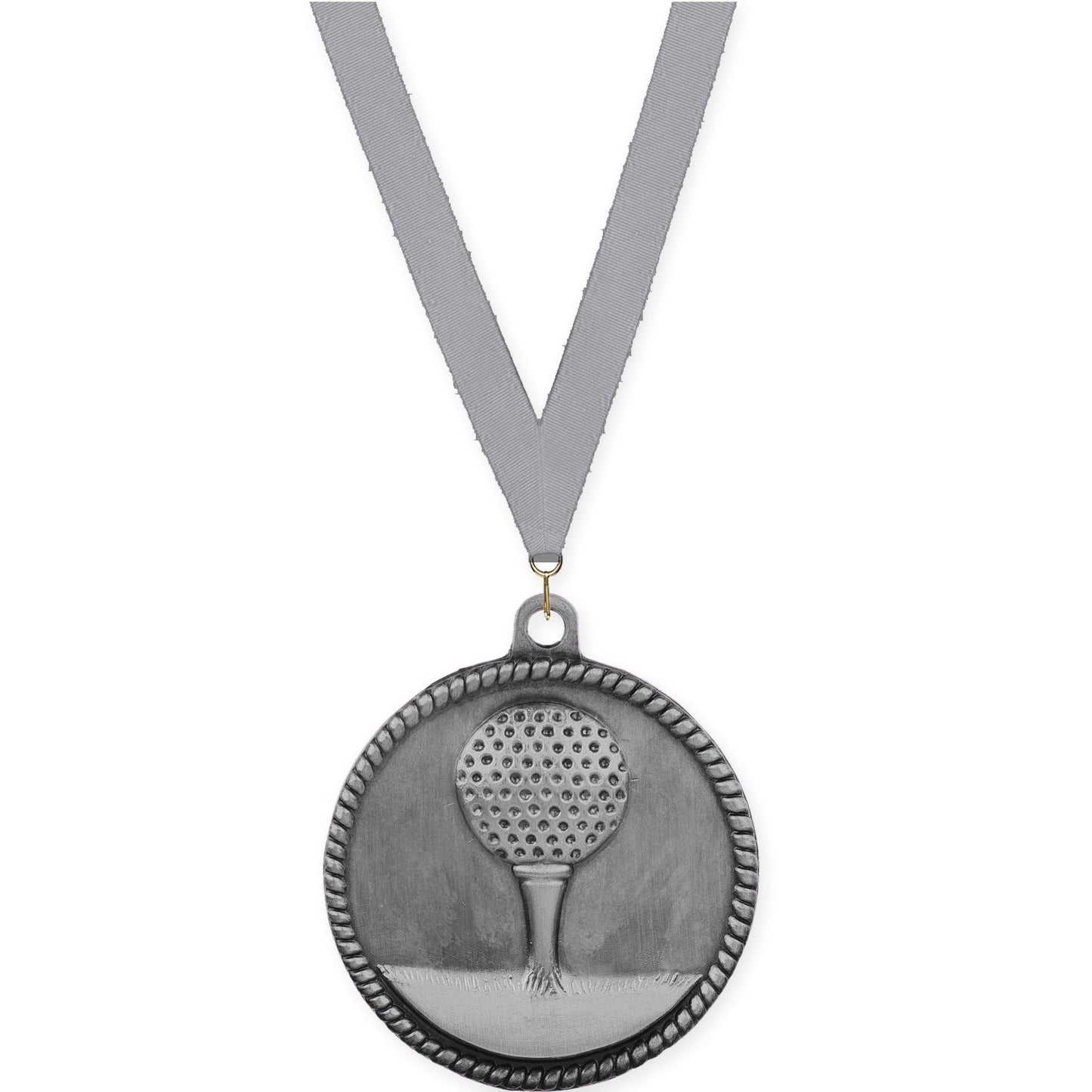 2 inch golf High Relief medal in antique silver with Gray neck ribbon