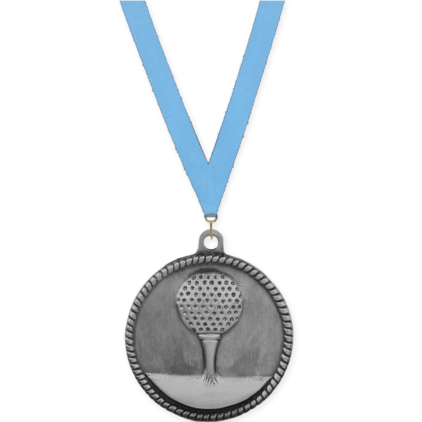 2 inch golf High Relief medal in antique silver with Light Blue neck ribbon