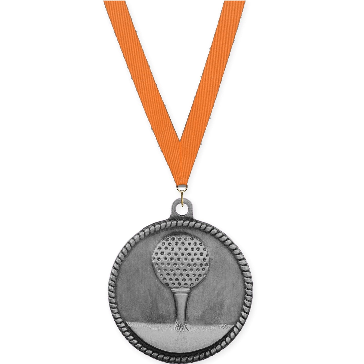 2 inch golf High Relief medal in antique silver with Orange neck ribbon