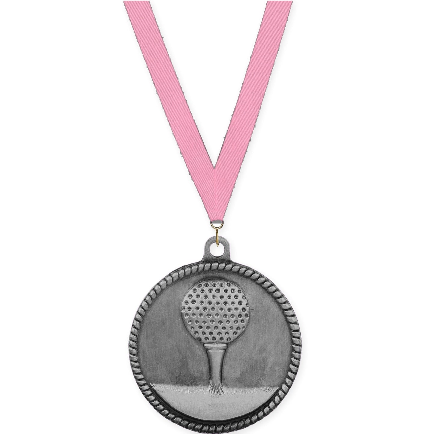 2 inch golf High Relief medal in antique silver with Pink neck ribbon
