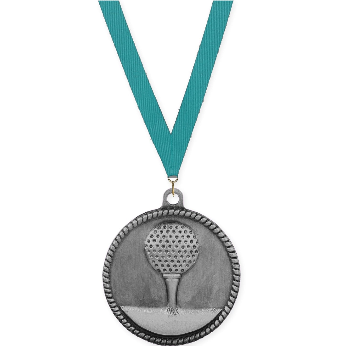 2 inch golf High Relief medal in antique silver with Teal neck ribbon