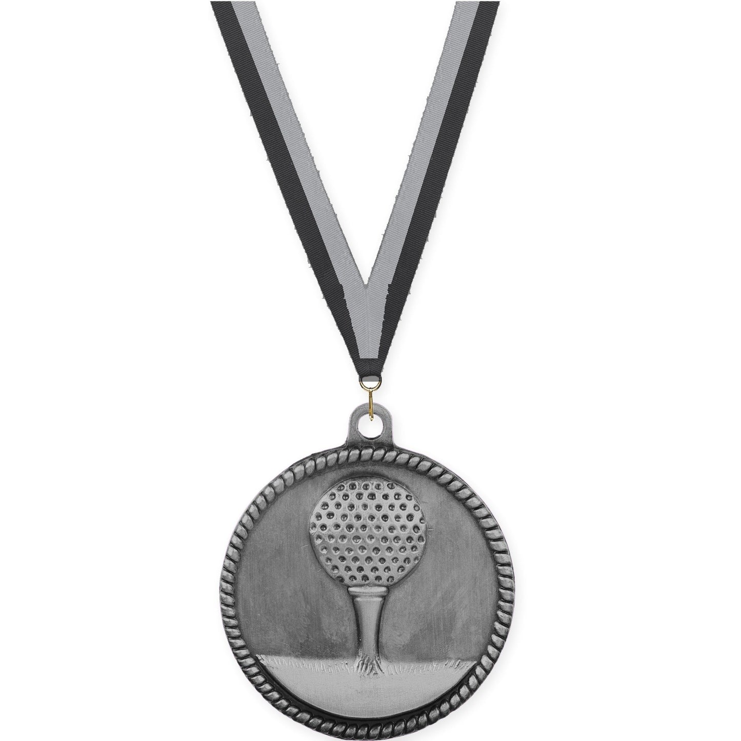 2 inch golf High Relief medal in antique silver with Black Gray neck ribbon