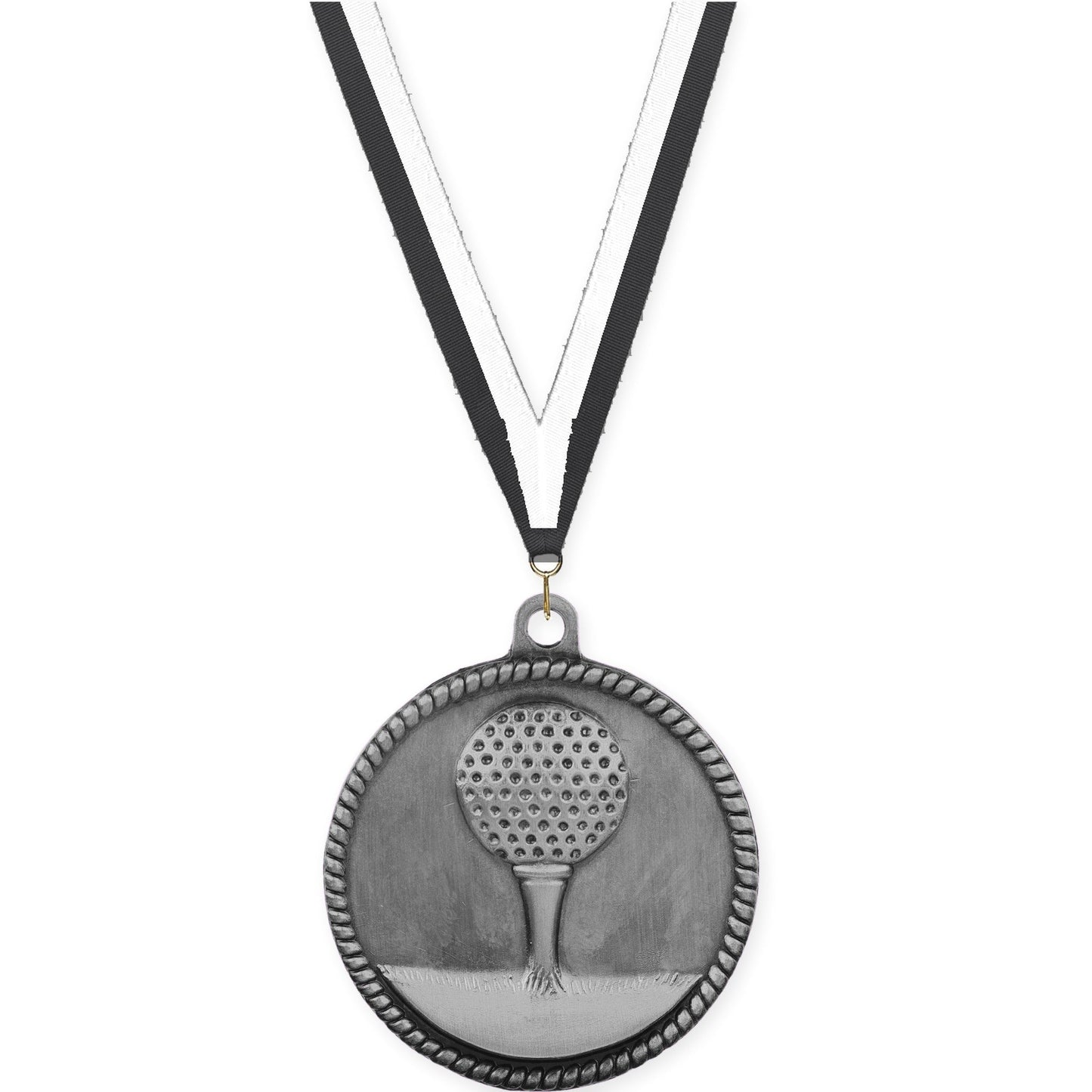 2 inch golf High Relief medal in antique silver with Black White neck ribbon