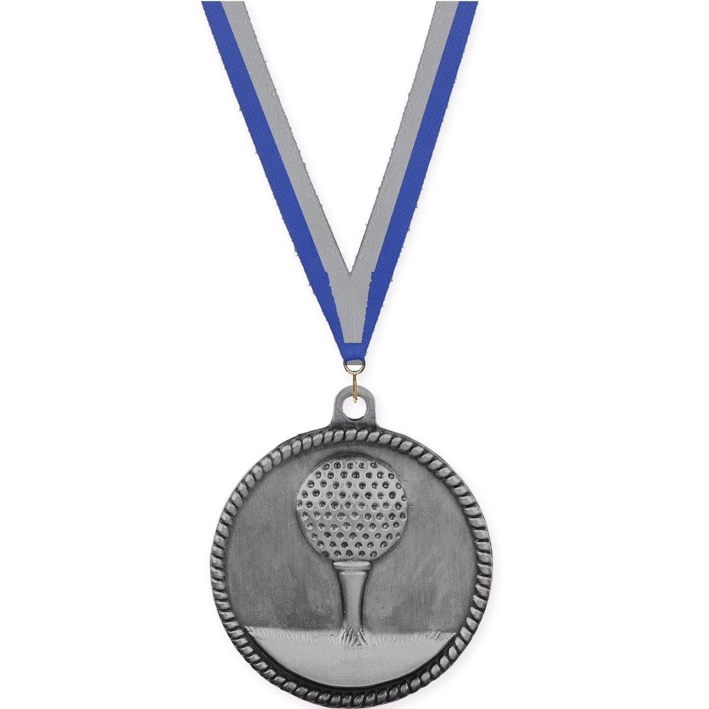 2 inch golf High Relief medal in antique silver with Blue Gray neck ribbon