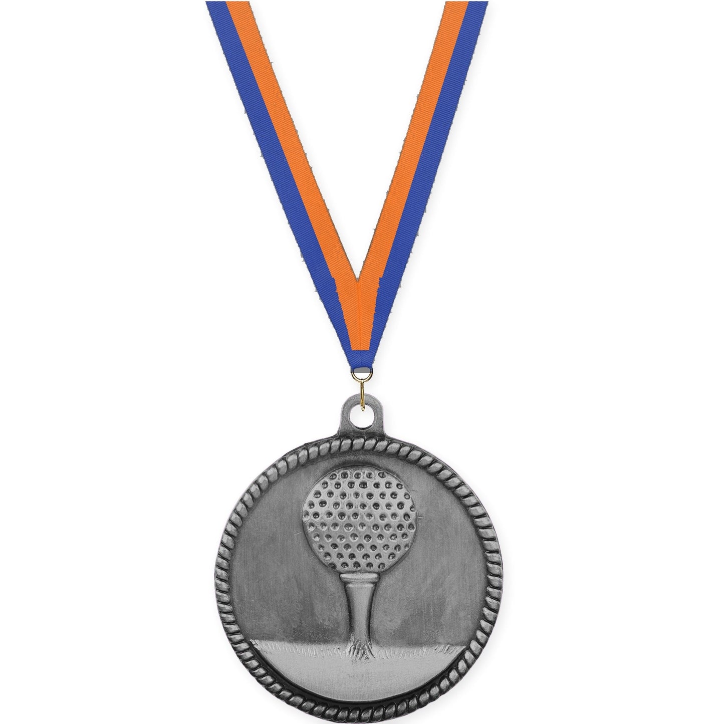 2 inch golf High Relief medal in antique silver with Blue Orange neck ribbon