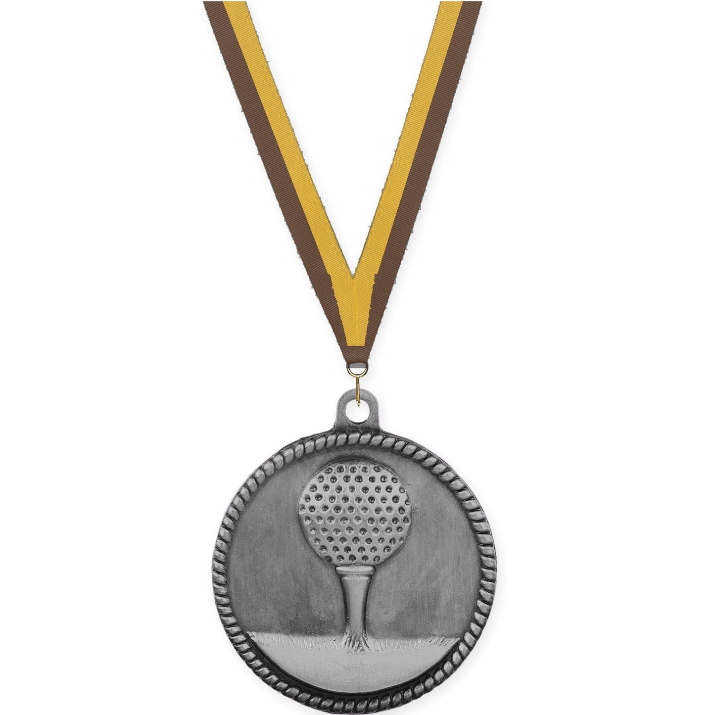 2 inch golf High Relief medal in antique silver with Brown Gold neck ribbon