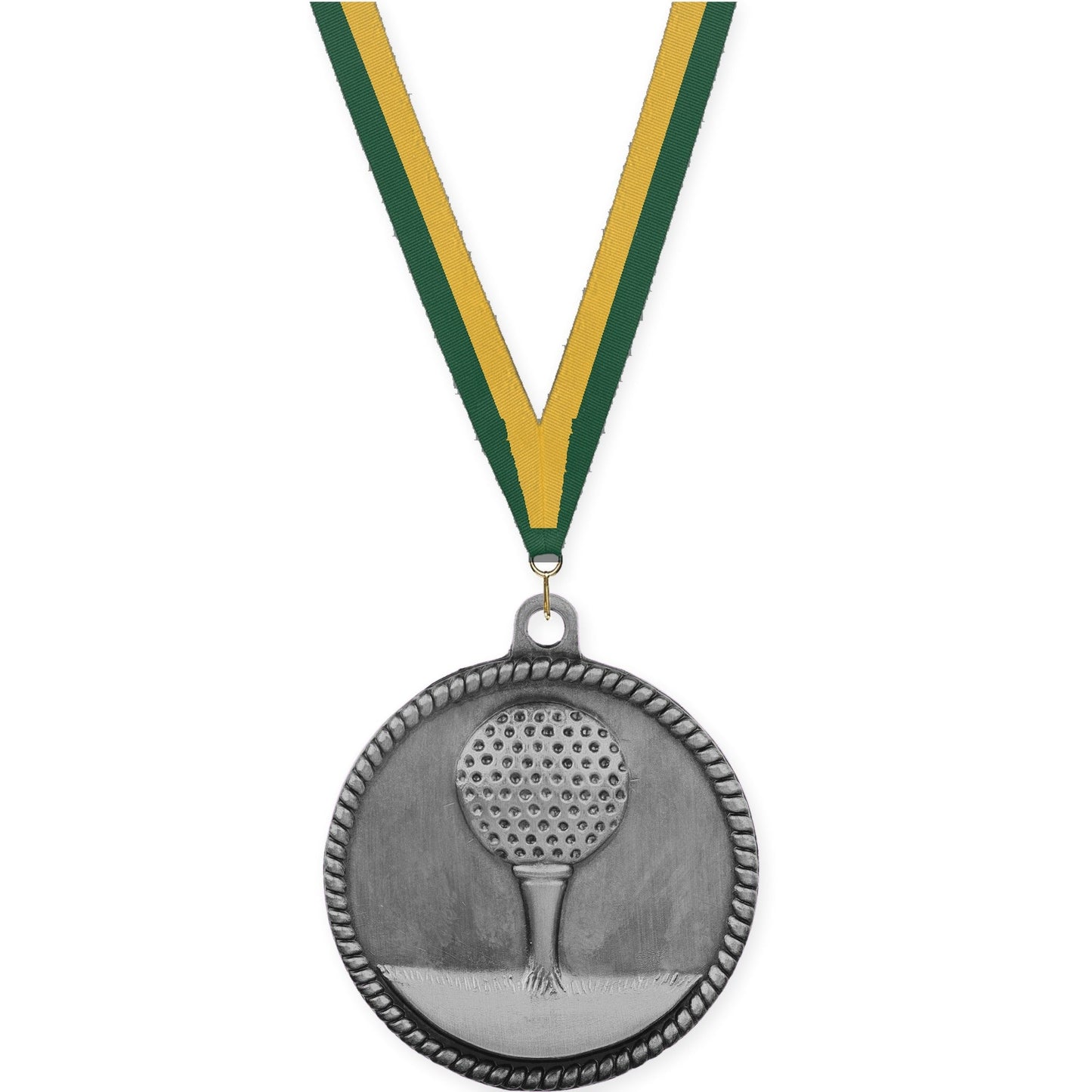 2 inch golf High Relief medal in antique silver with Hunter Green Gold neck ribbon