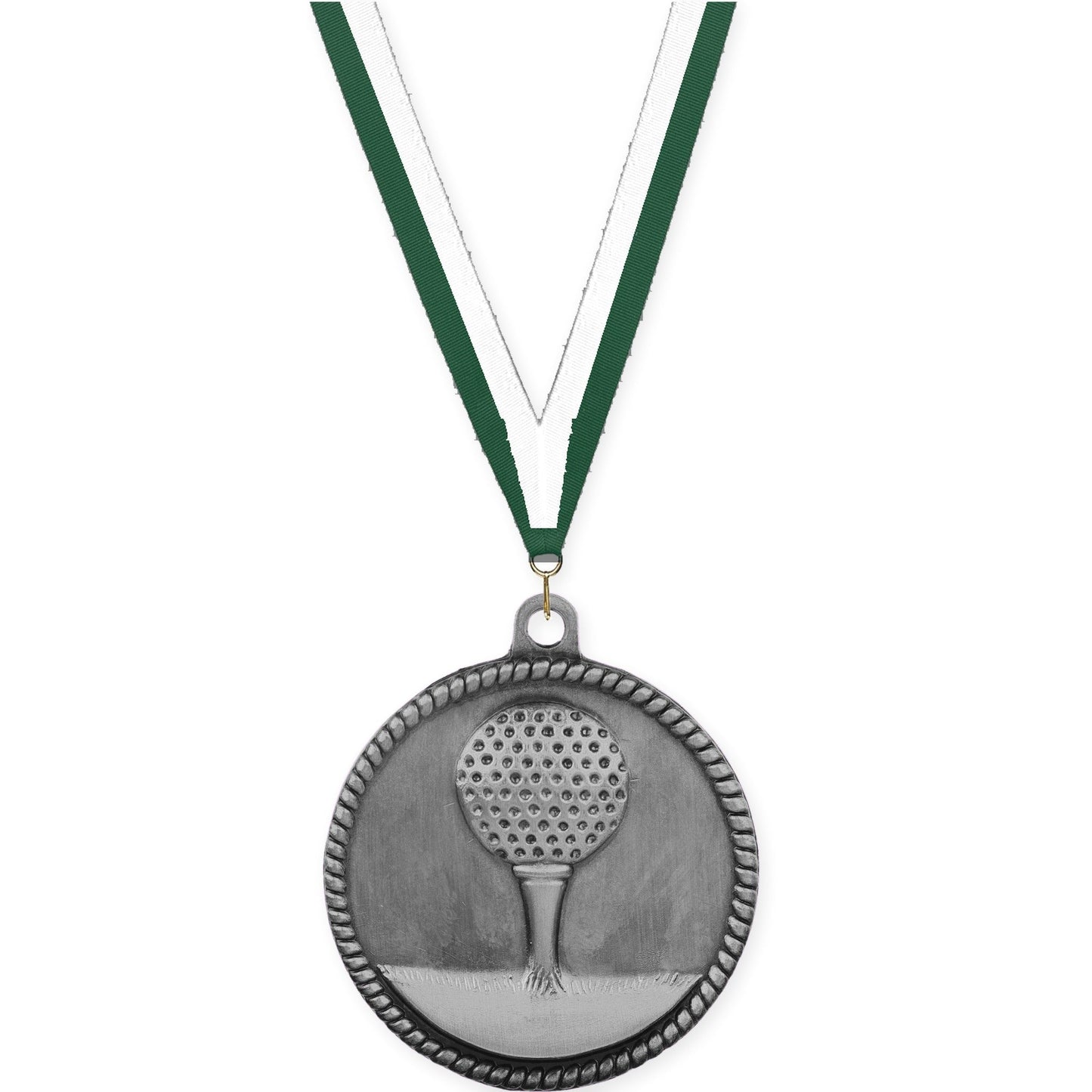 2 inch golf High Relief medal in antique silver with Hunter Green White neck ribbon