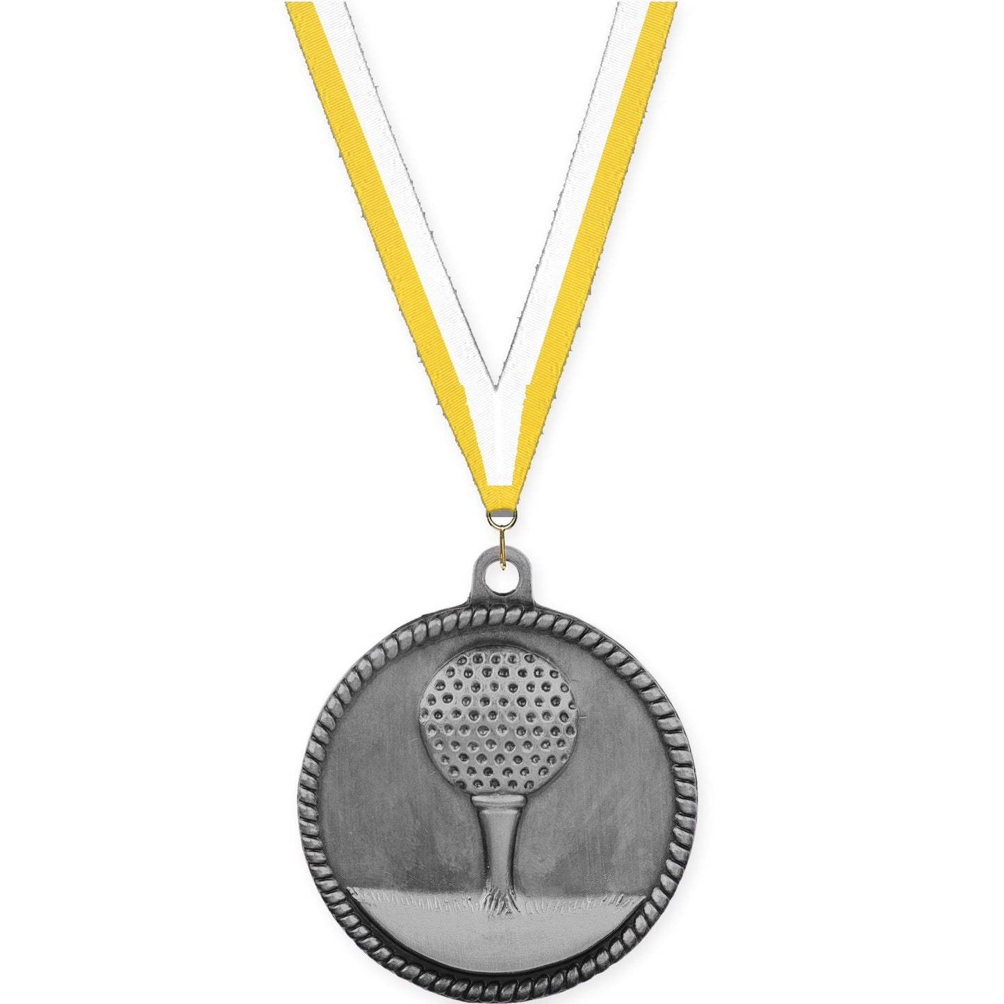 2 inch golf High Relief medal in antique silver with Yellow White neck ribbon