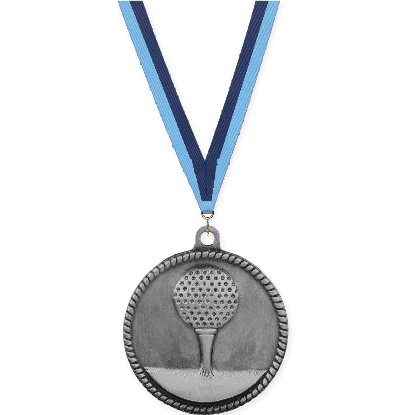 2 inch golf High Relief medal in antique silver with Light Blue Navy neck ribbon