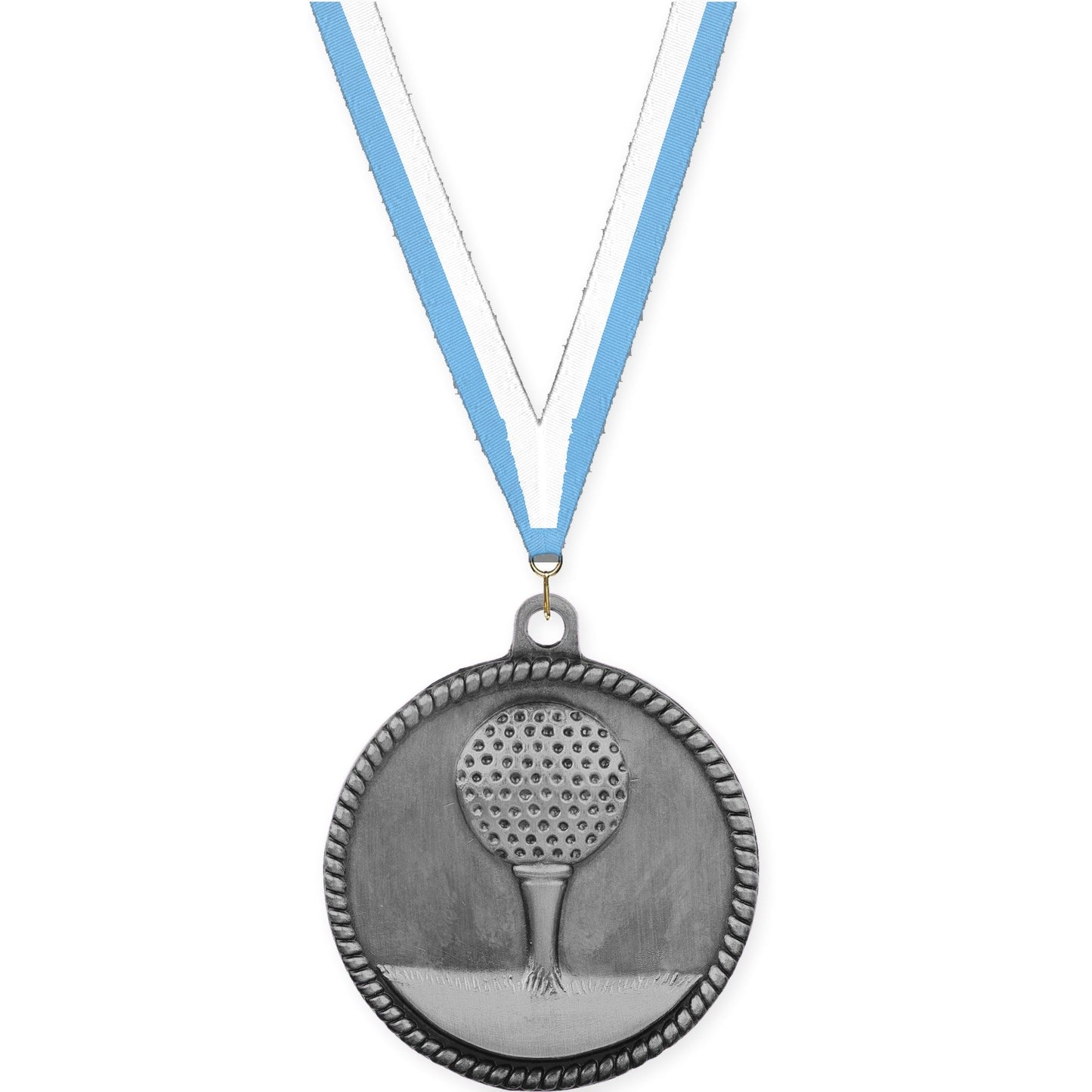 2 inch golf High Relief medal in antique silver with Light Blue White neck ribbon