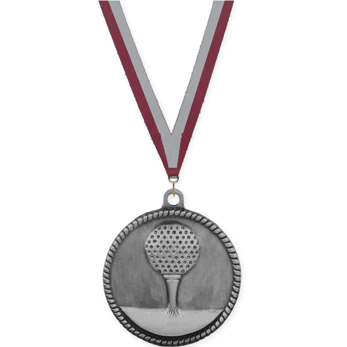 2 inch golf High Relief medal in antique silver with Maroon Gray neck ribbon