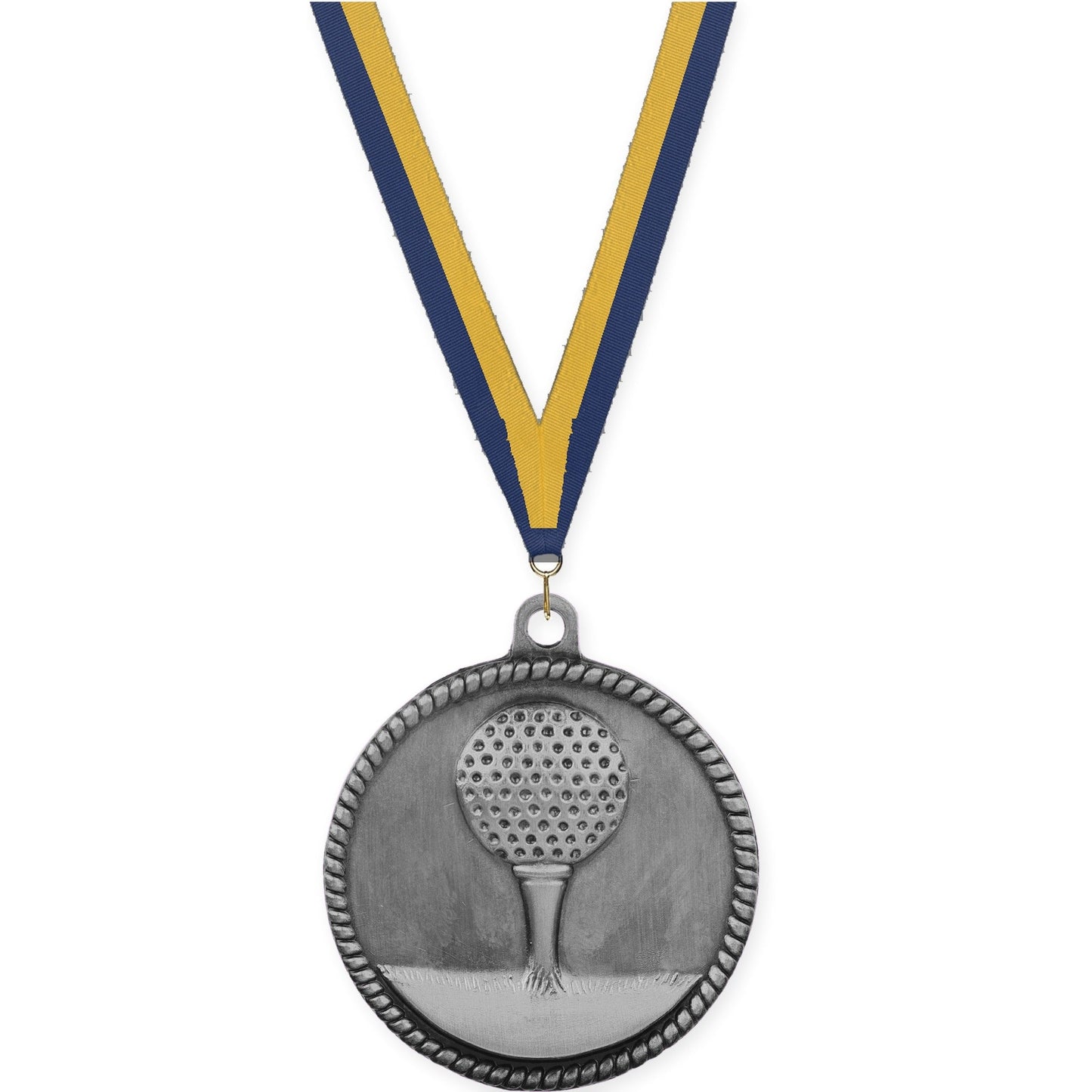 2 inch golf High Relief medal in antique silver with Navy Gold neck ribbon