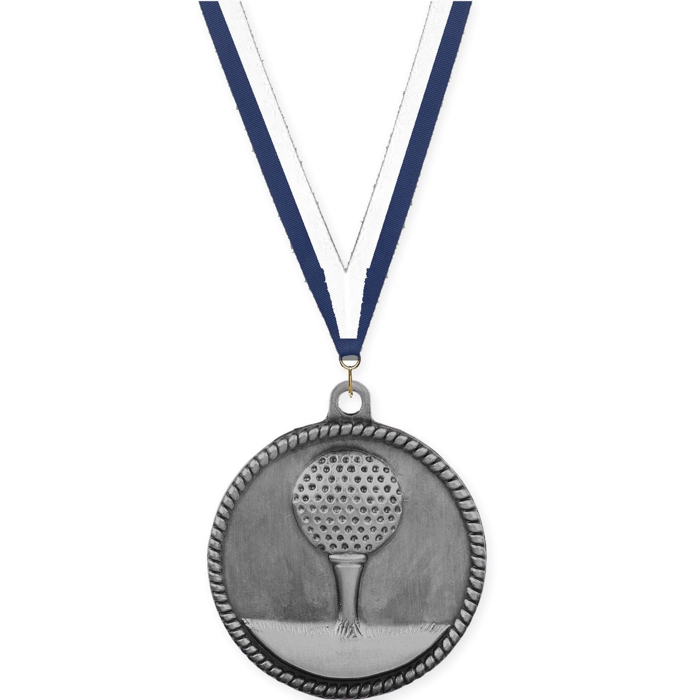 2 inch golf High Relief medal in antique silver with Navy White neck ribbon