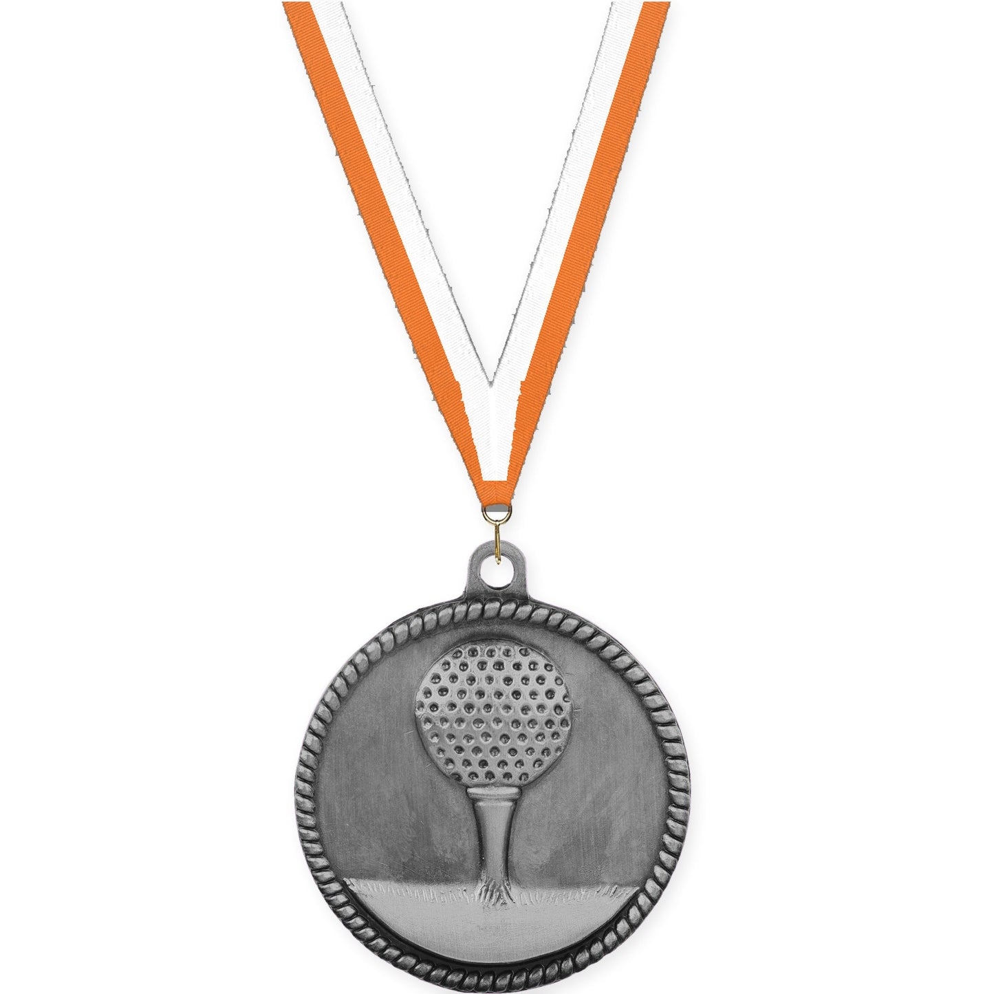 2 inch golf High Relief medal in antique silver with Orange White neck ribbon