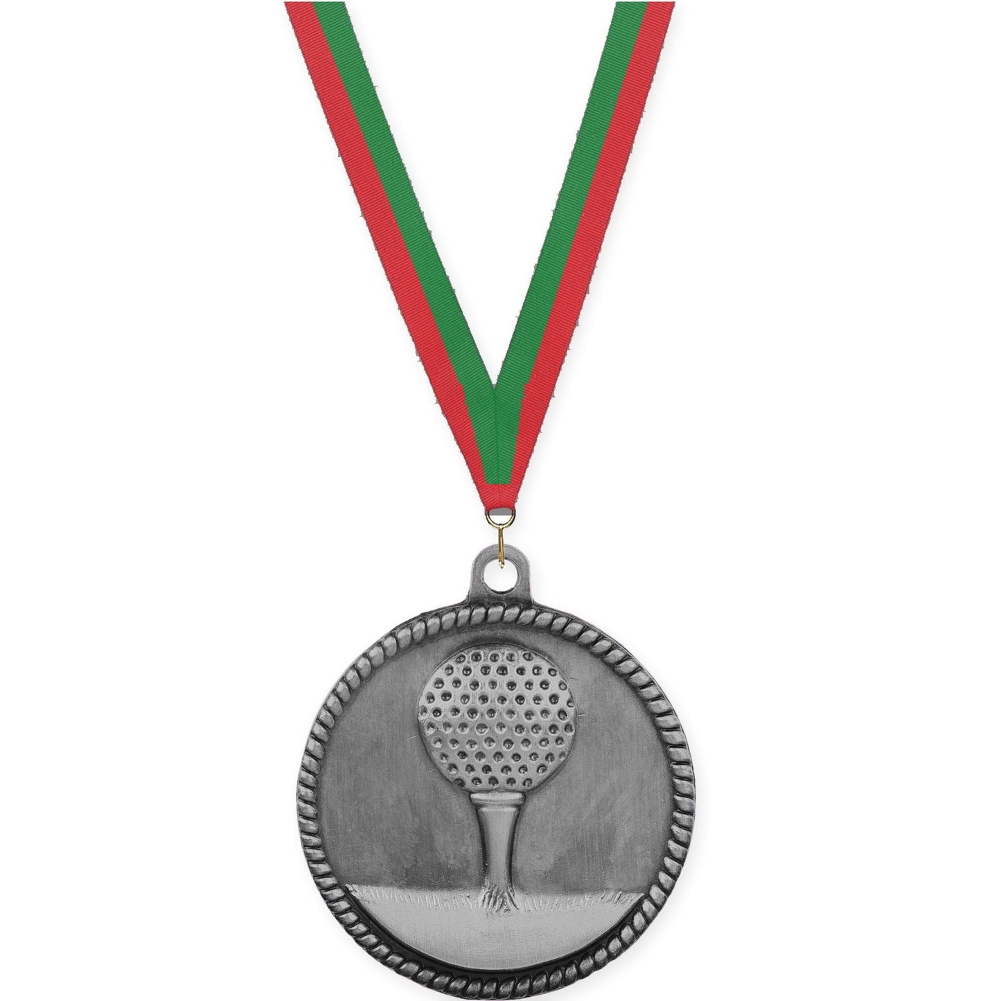 2 inch golf High Relief medal in antique silver with Red Green neck ribbon