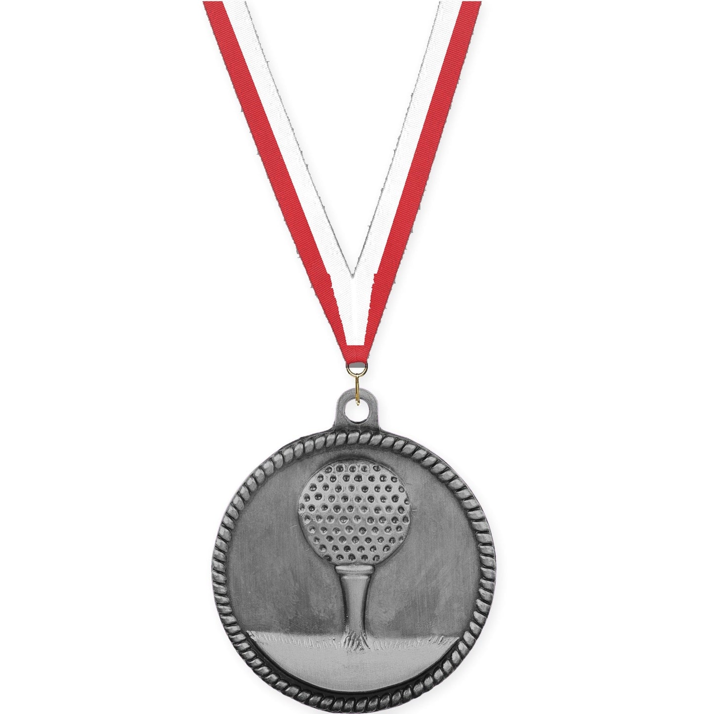 2 inch golf High Relief medal in antique silver with Red White neck ribbon