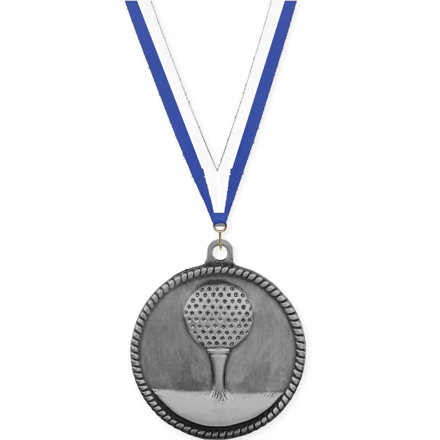 2 inch golf High Relief medal in antique silver with Blue White neck ribbon