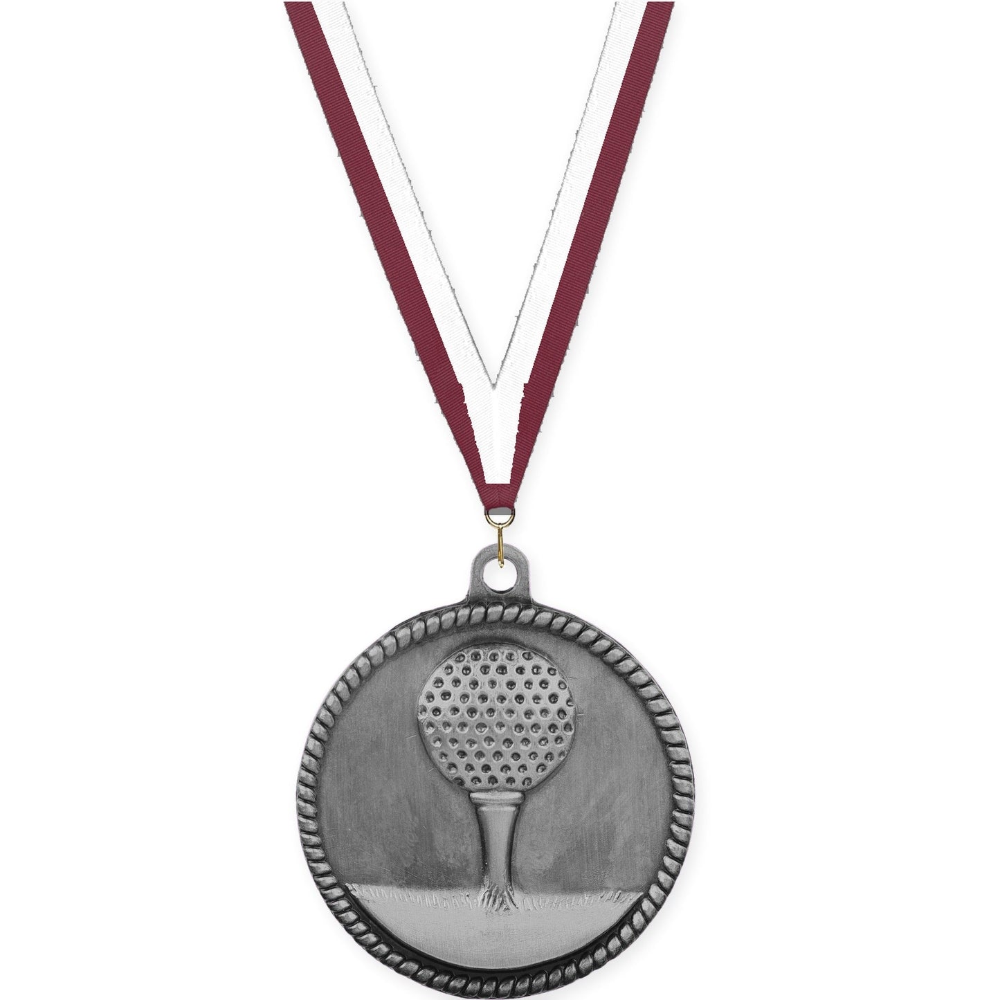 2 inch golf High Relief medal in antique silver with Maroon White neck ribbon