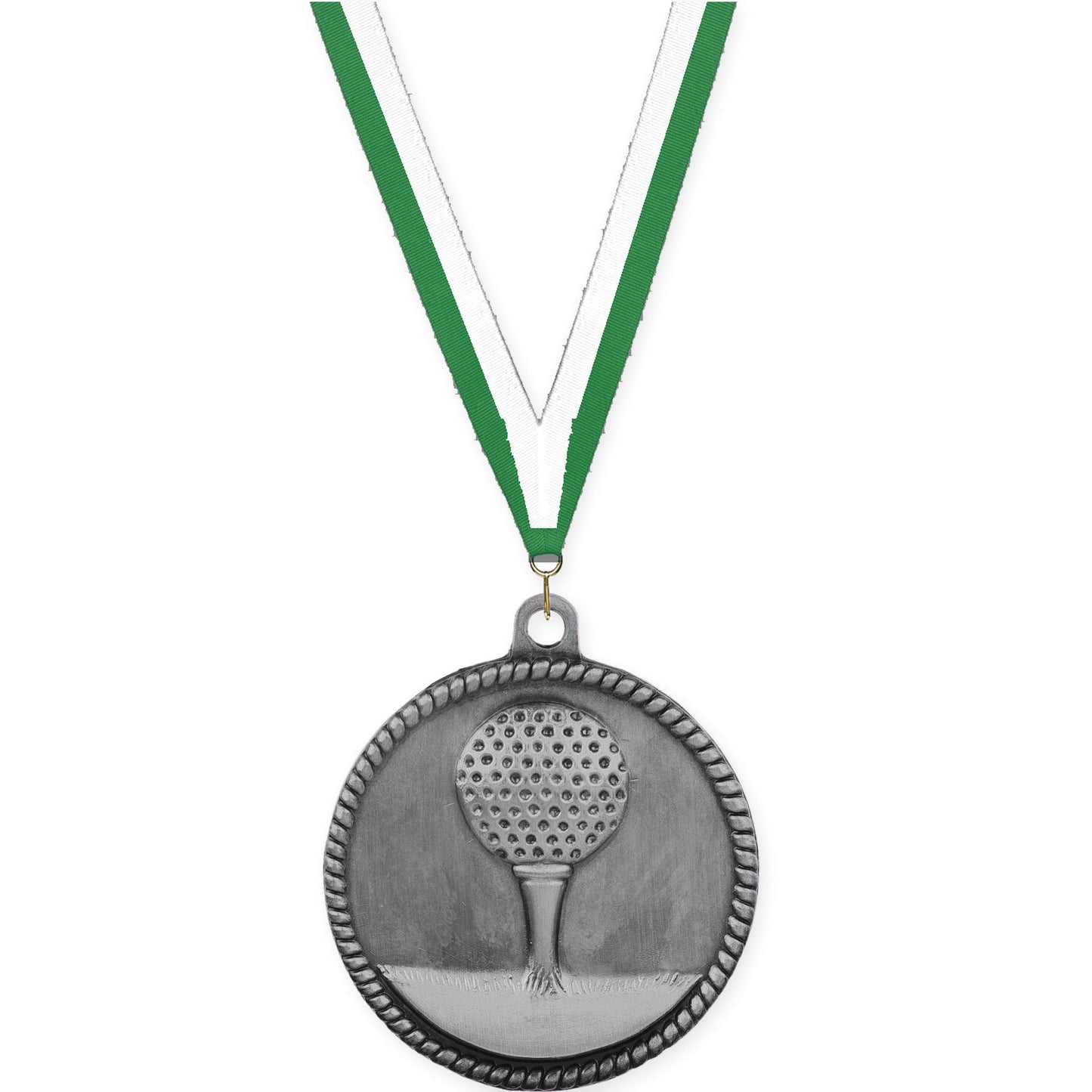 2 inch golf High Relief medal in antique silver with Green White neck ribbon