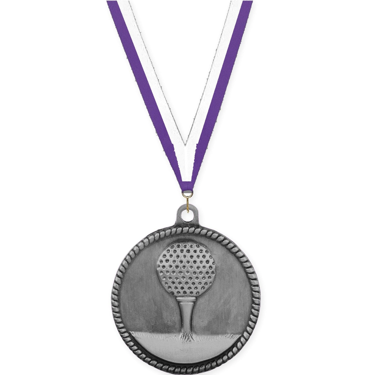 2 inch golf High Relief medal in antique silver with Purple White neck ribbon