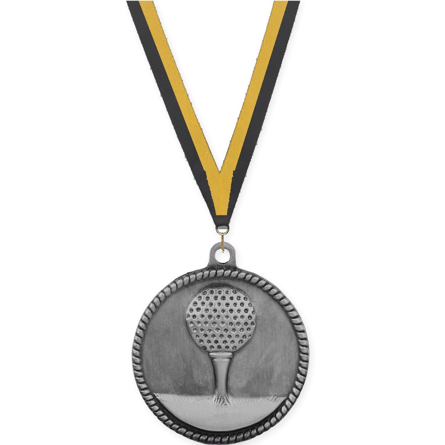 2 inch golf High Relief medal in antique silver with Black Gold neck ribbon