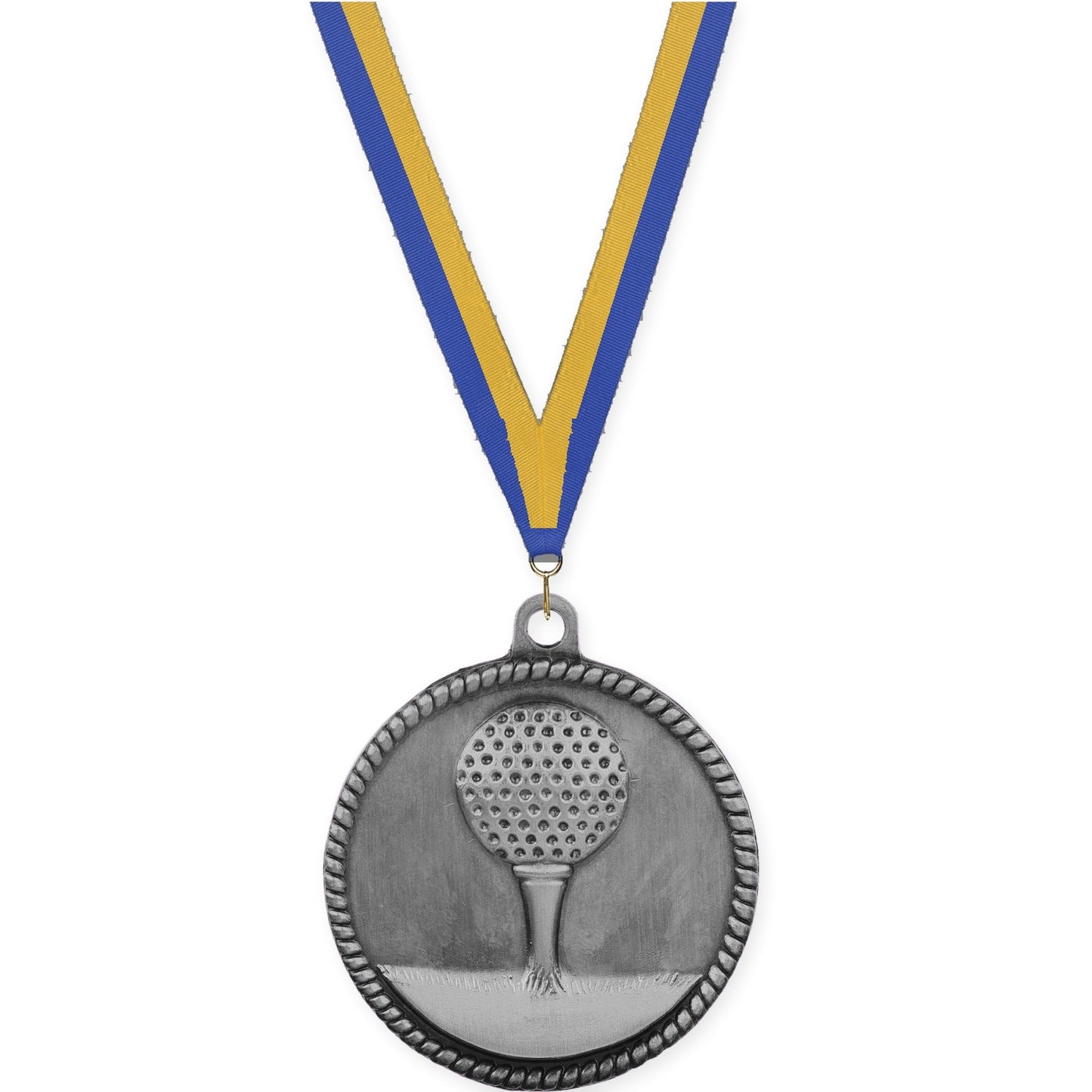 2 inch golf High Relief medal in antique silver with Blue Gold neck ribbon