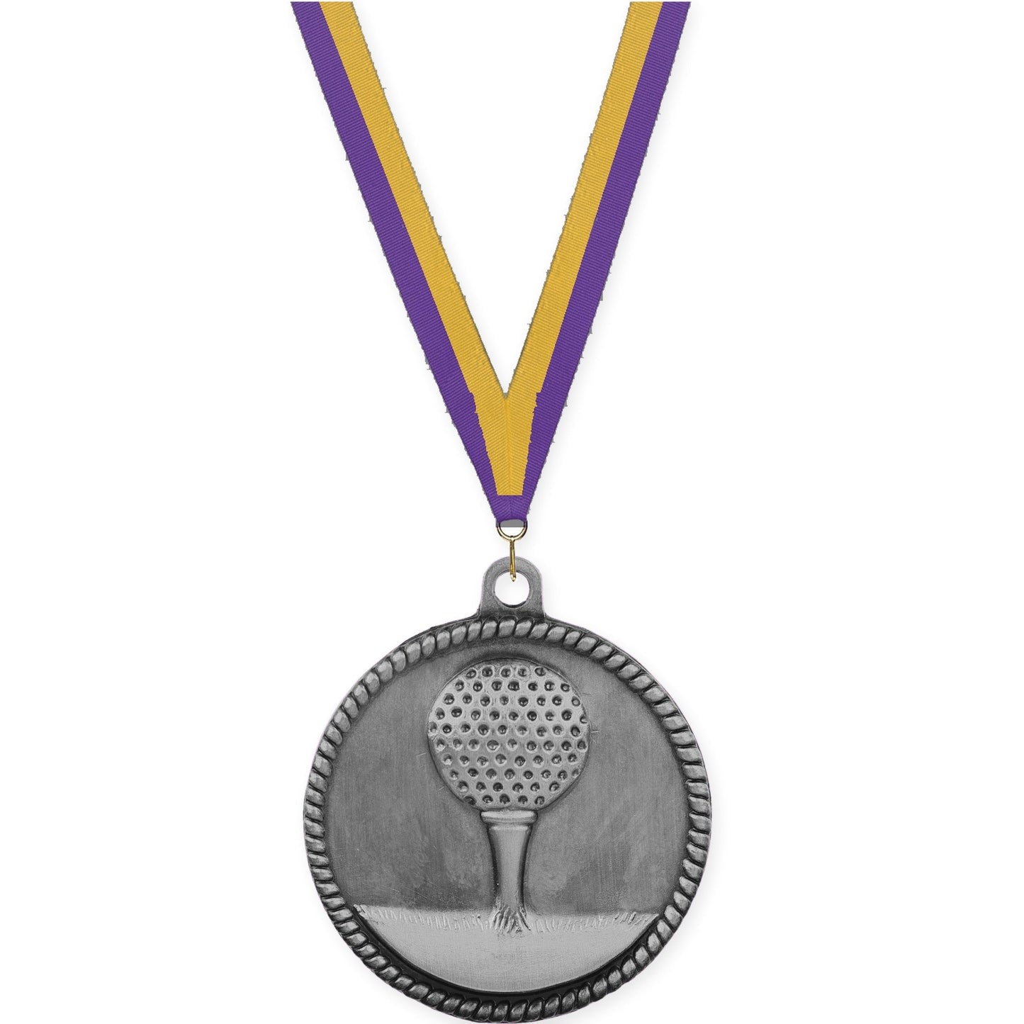 2 inch golf High Relief medal in antique silver with Purple Gold neck ribbon