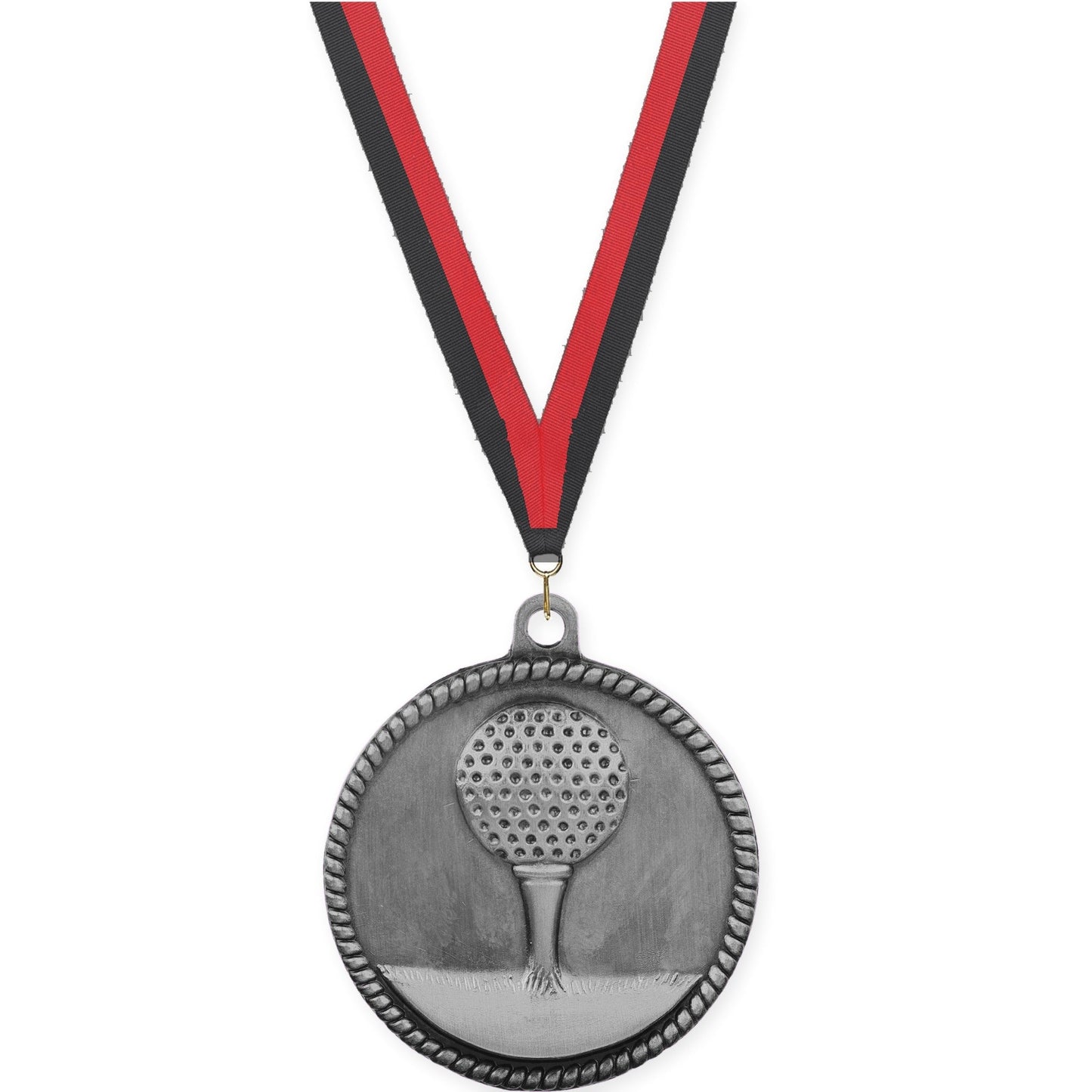 2 inch golf High Relief medal in antique silver with Black Red neck ribbon