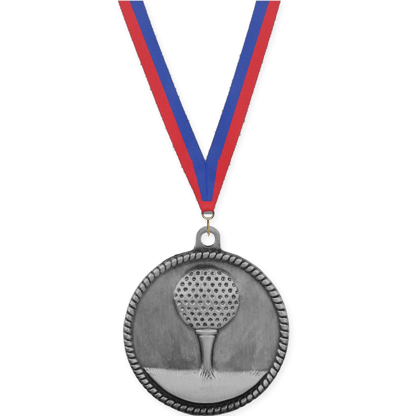 2 inch golf High Relief medal in antique silver with Blue Red neck ribbon