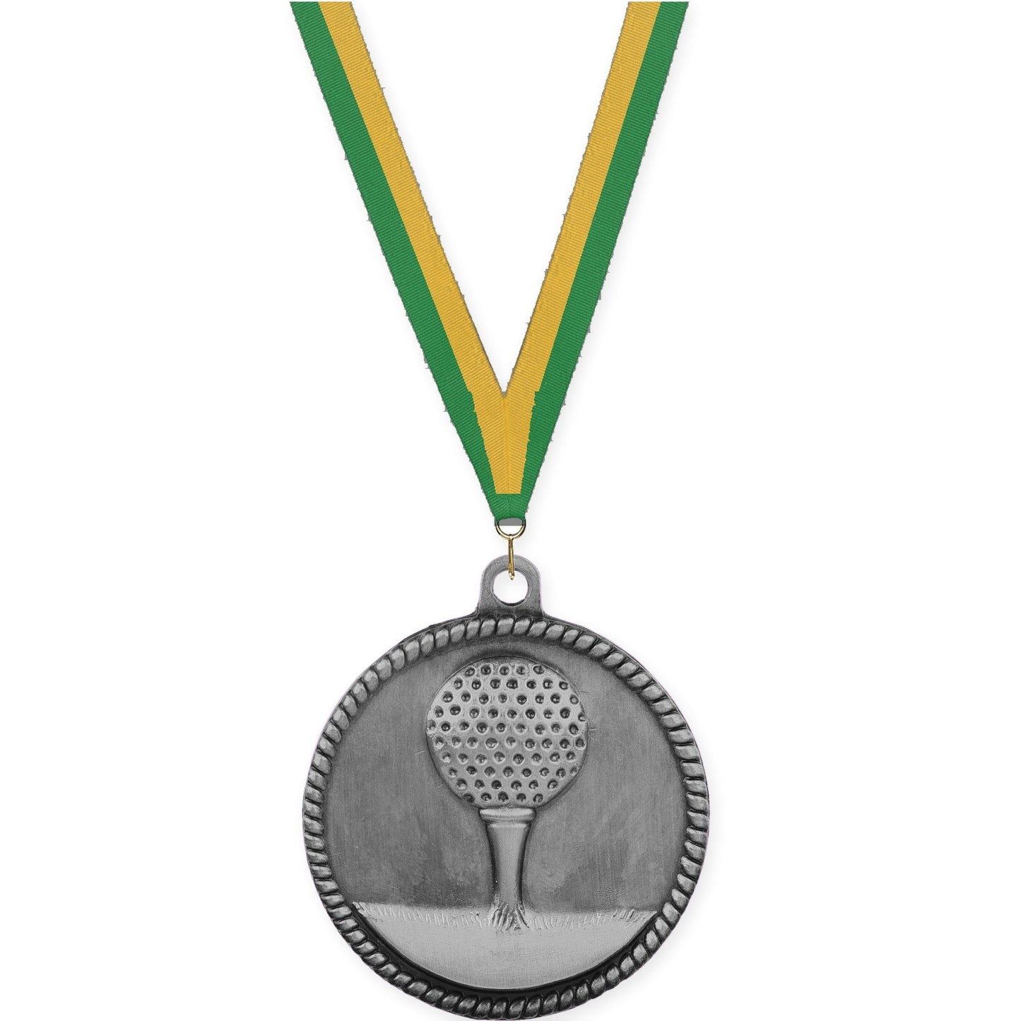 2 inch golf High Relief medal in antique silver with Green Gold neck ribbon