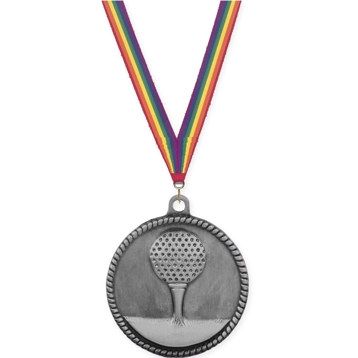 2 inch golf High Relief medal in antique silver with Rainbow neck ribbon