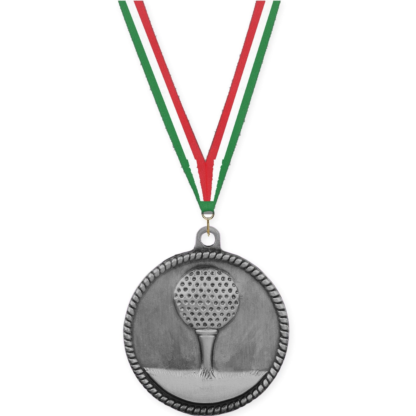 2 inch golf High Relief medal in antique silver with Green White Red neck ribbon