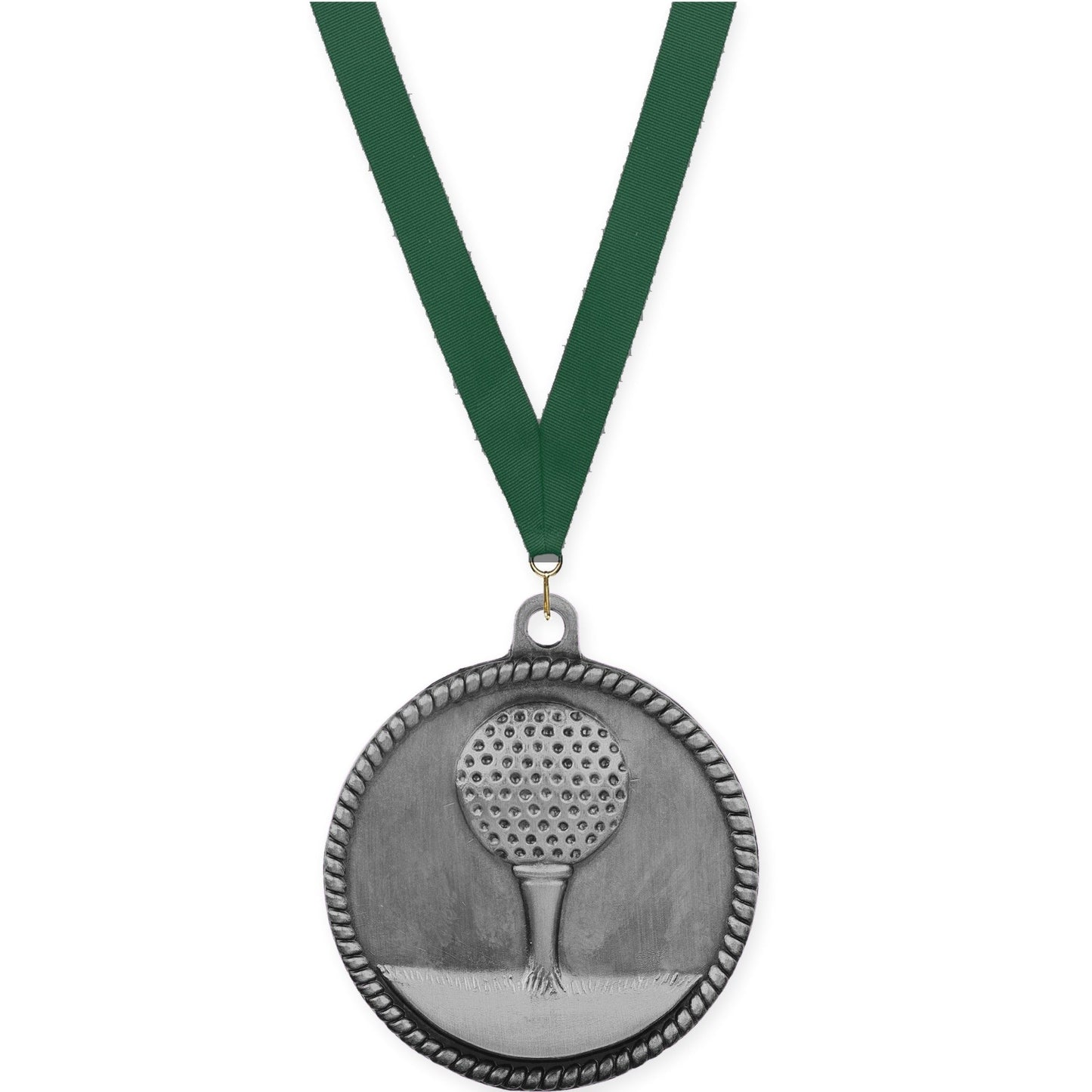 2 inch golf High Relief medal in antique silver with Hunter Green neck ribbon