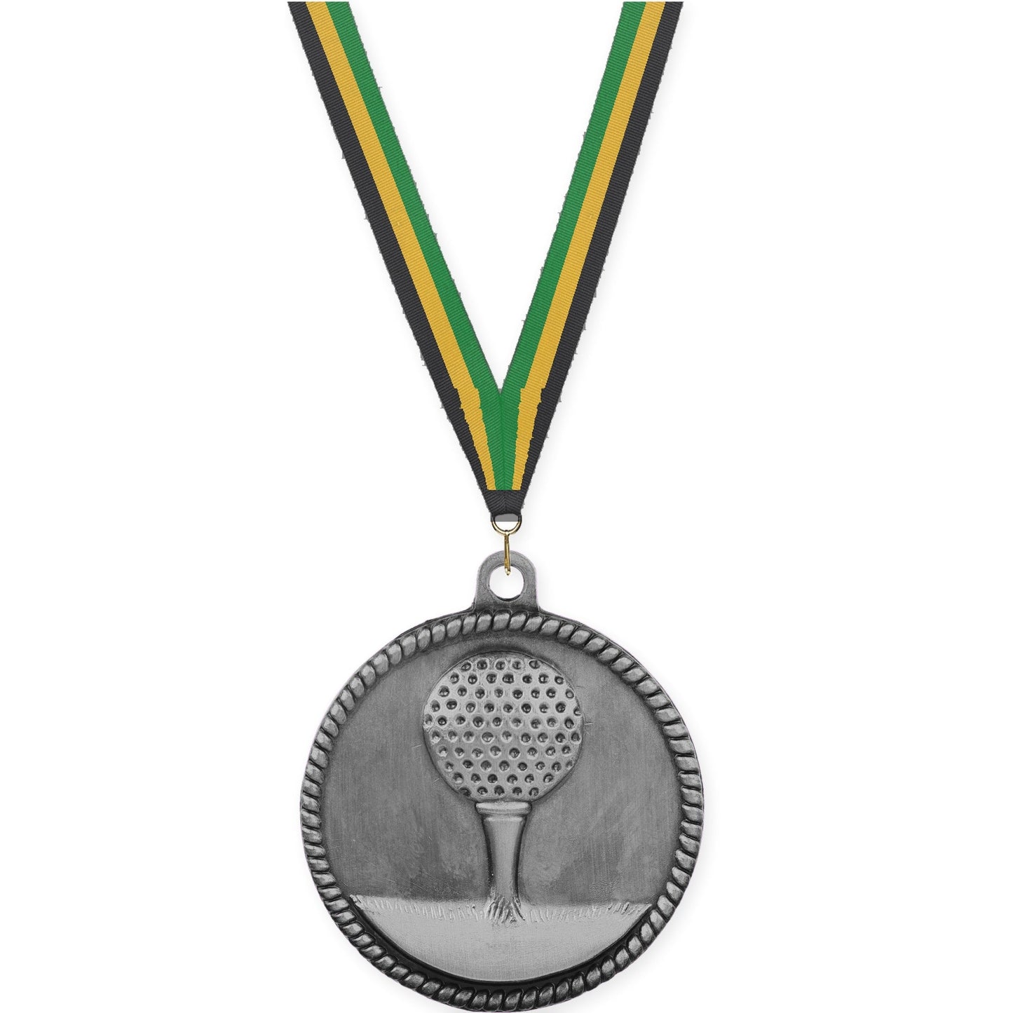 2 inch golf High Relief medal in antique silver with Black Gold Green neck ribbon