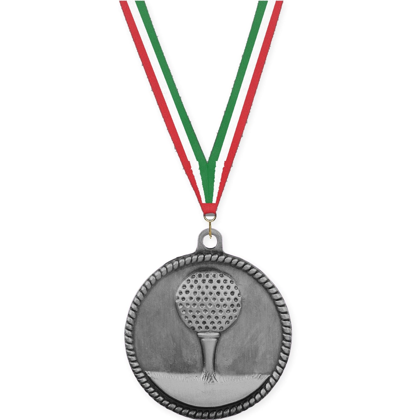 2 inch golf High Relief medal in antique silver with Red White Green neck ribbon