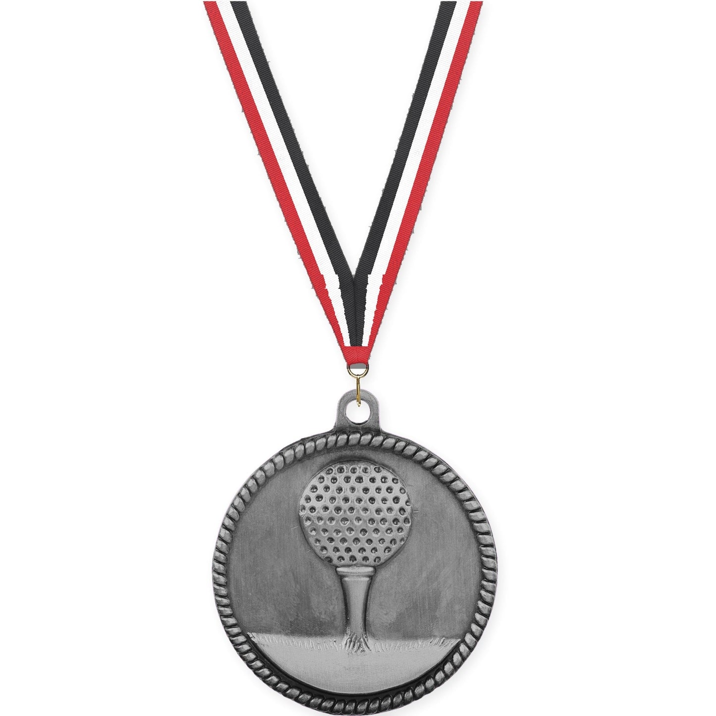 2 inch golf High Relief medal in antique silver with Red White Black neck ribbon