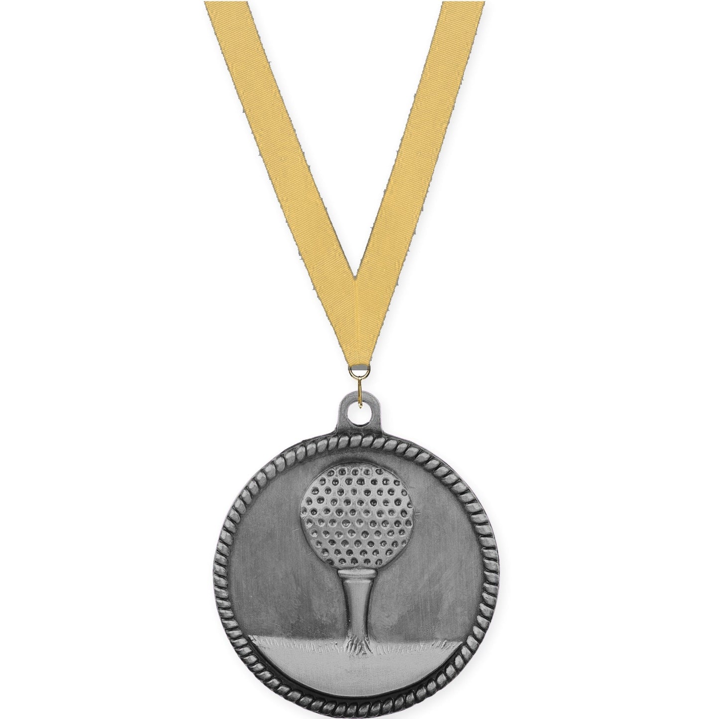 2 inch golf High Relief medal in antique silver with Gold Metallic neck ribbon