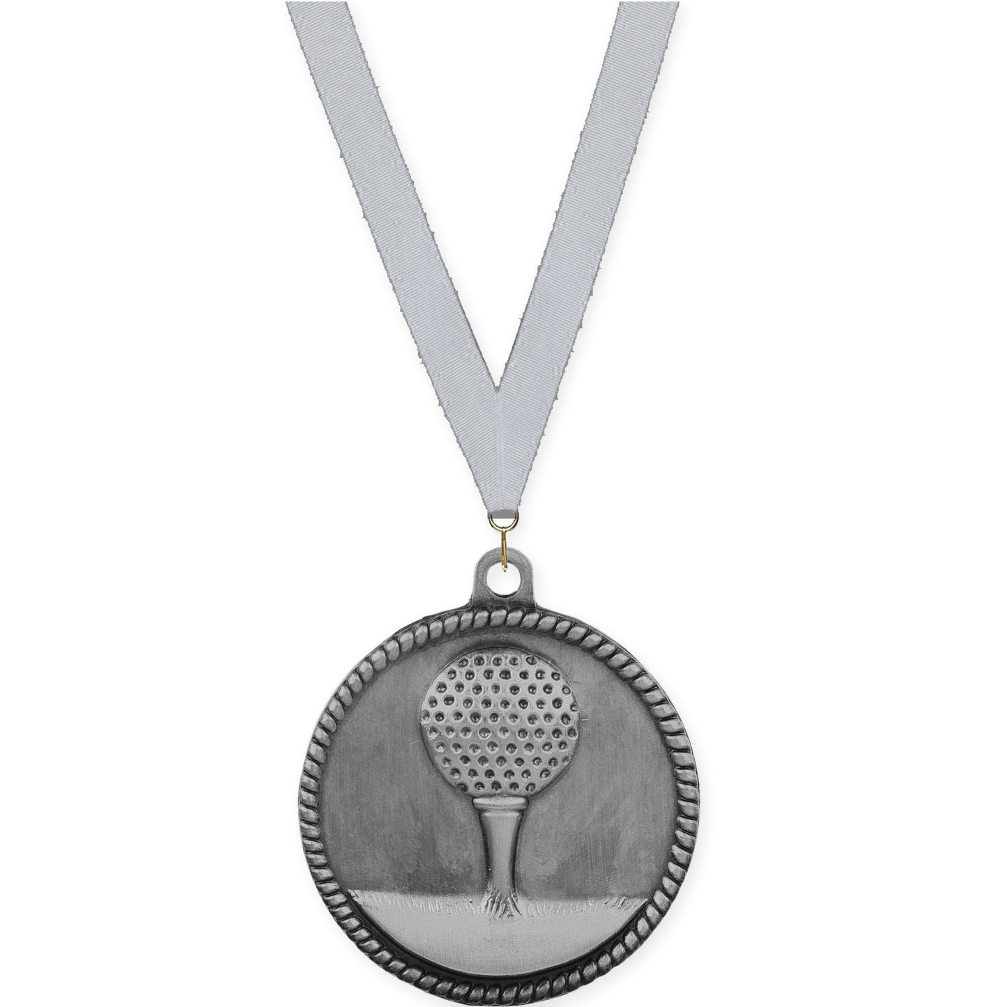 2 inch golf High Relief medal in antique silver with Silver Metallic neck ribbon