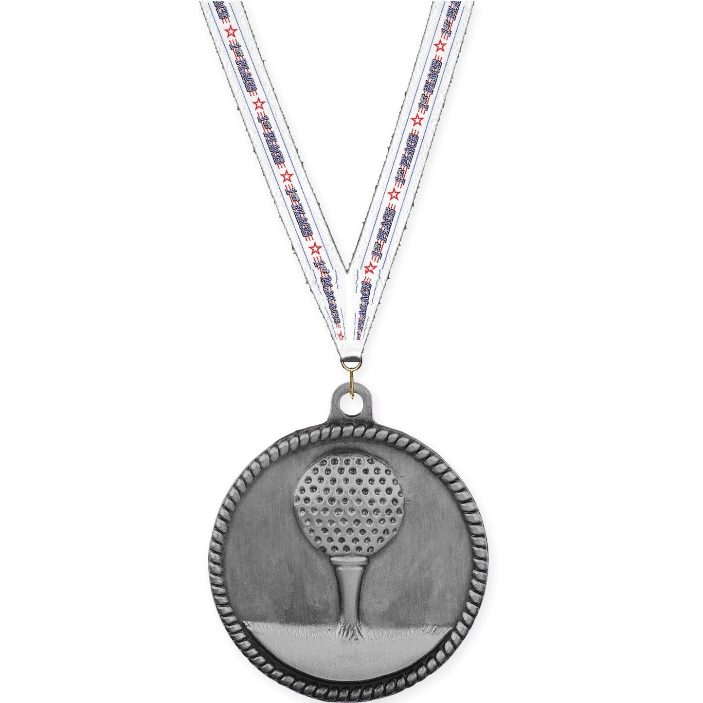 2 inch golf High Relief medal in antique silver with 1st Place neck ribbon