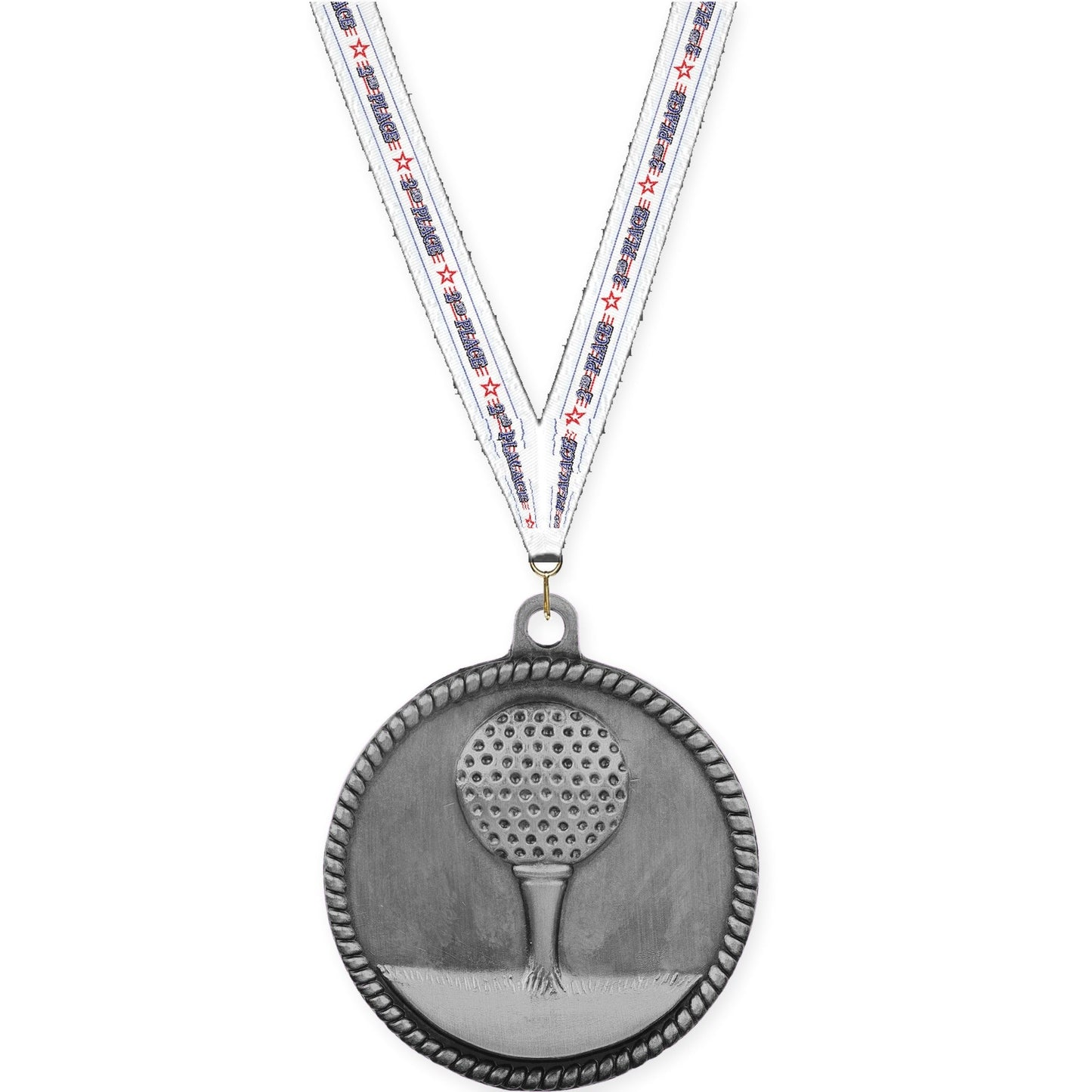 2 inch golf High Relief medal in antique silver with 2nd Place neck ribbon