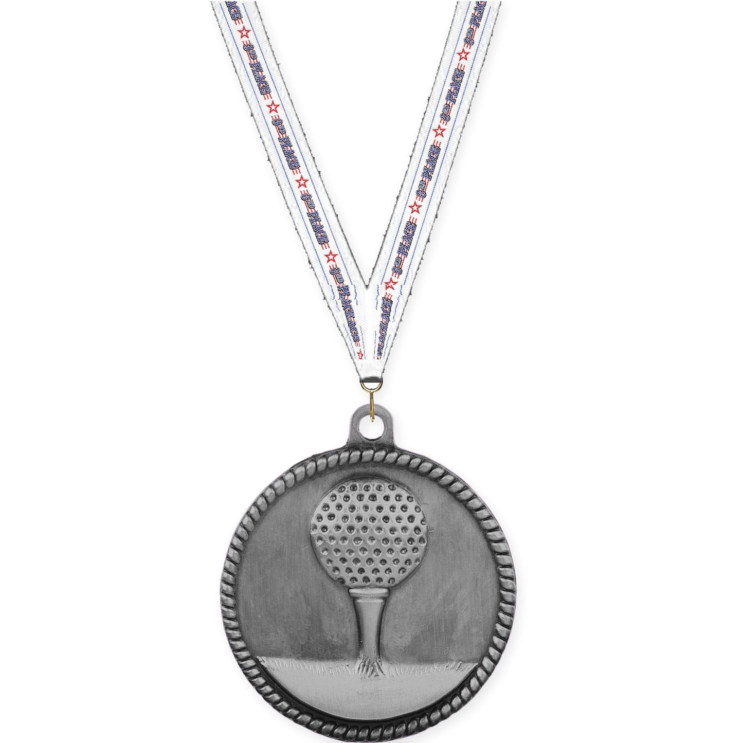 2 inch golf High Relief medal in antique silver with 3rd Place neck ribbon