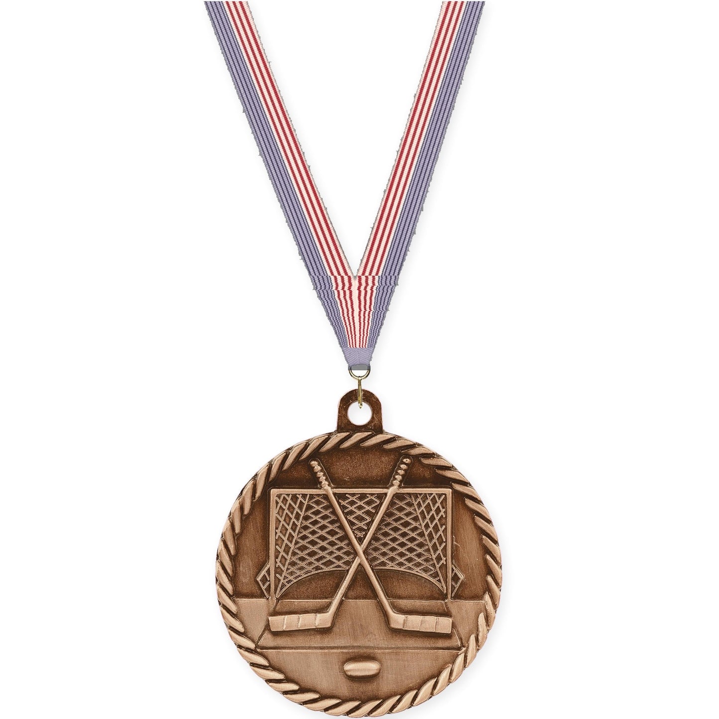 2 inch hockey High Relief medal in antique bronze with USA Flag neck ribbon