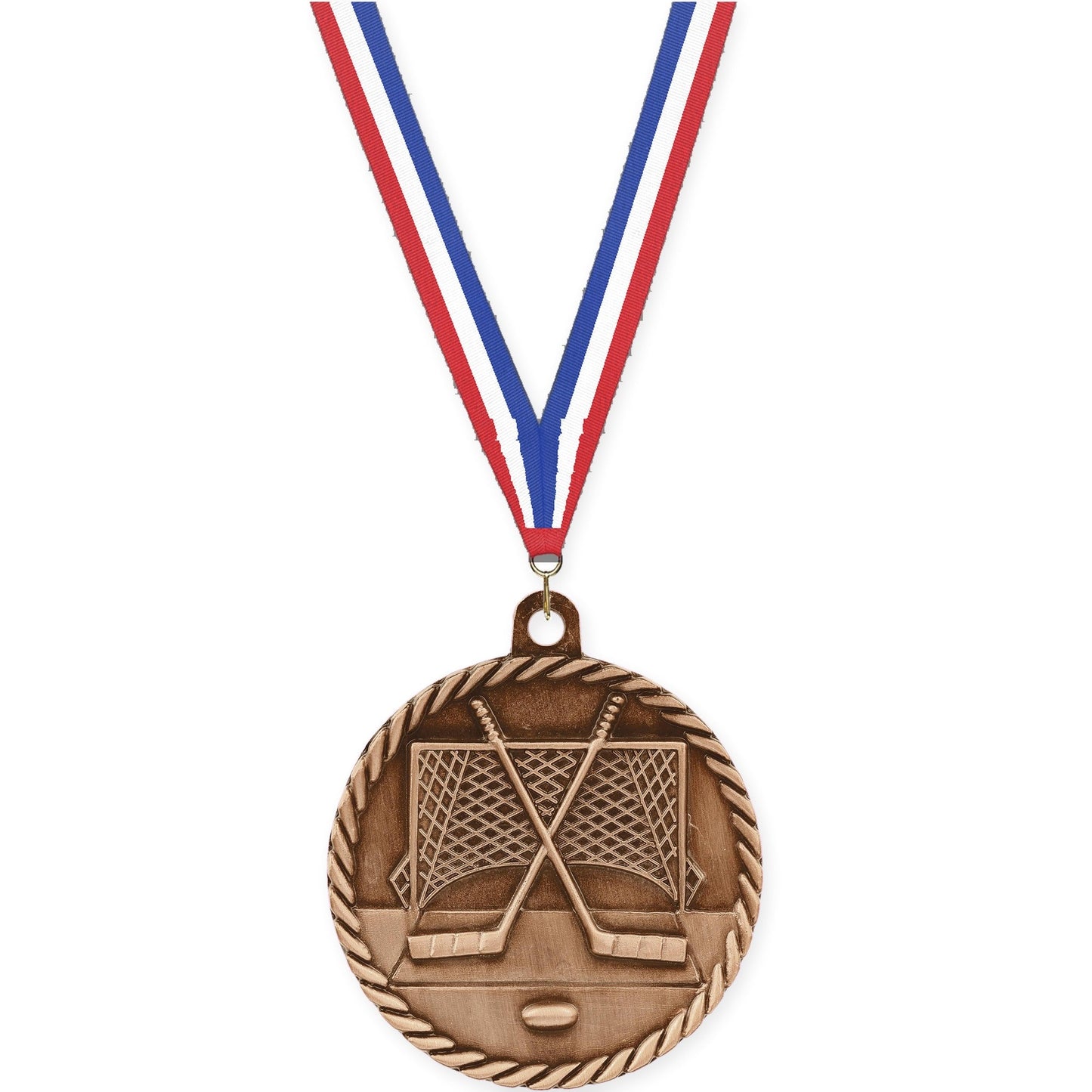 2 inch hockey High Relief medal in antique bronze with Red White Blue neck ribbon